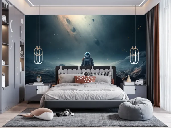 Astronaut Galaxy View Customized Wallpaper featuring a space-themed illustration with an astronaut on an alien planet under a glowing galactic sky.