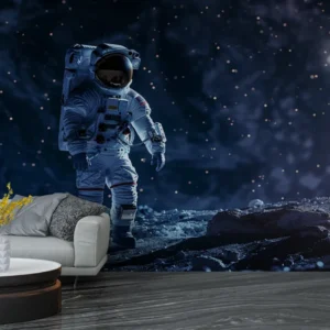 Astronaut on the Moon Wallpaper of an astronaut walking on the moon with stars and planets in the background, space-themed interior design.