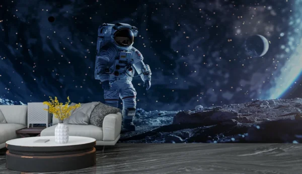 Astronaut on the Moon Wallpaper of an astronaut walking on the moon with stars and planets in the background, space-themed interior design.