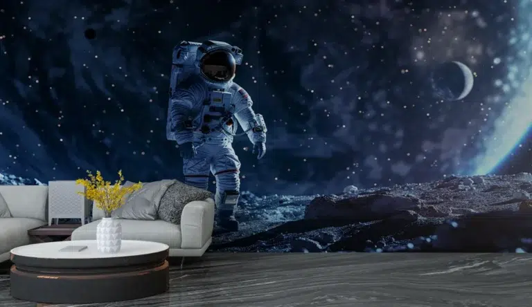 Astronaut on the Moon Wallpaper - Custom 3D Wall Mural for Living Room & Bedroom (From ₹70/sq.ft) | Parker Window Blinds