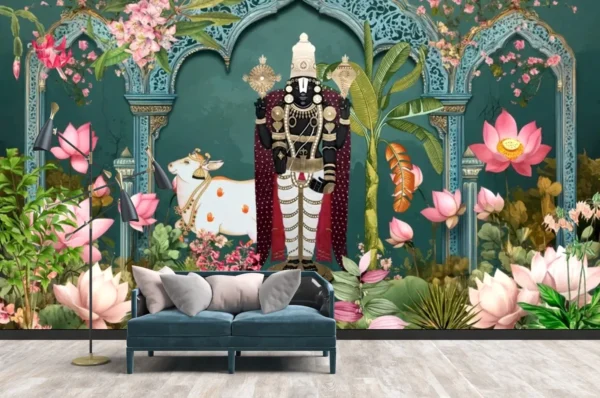 Balaji Bhagwan Pichwai style wallpaper with temple arch, lotus flowers, cows, and divine aura