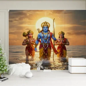 Lord Ram, Lakshman, and Hanuman walking through the ocean water during sunset – divine wall mural wallpaper for spiritual home decor.
