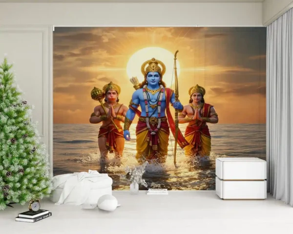 Lord Ram, Lakshman, and Hanuman walking through the ocean water during sunset – divine wall mural wallpaper for spiritual home decor.