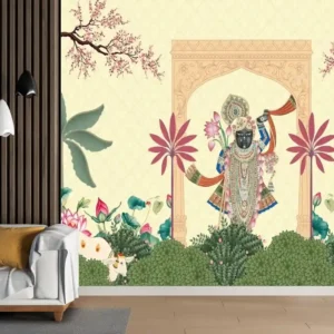 Bhagwan Shrinathji Pichwai Art Wallpaper with cows, lotuses, and traditional Indian temple arch background.
