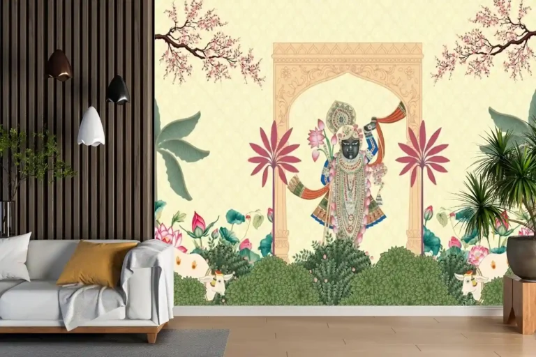 Bhagwan Shrinathji Pichwai Art Wallpaper - Custom 3D Wall Mural for Living Room & Bedroom Decor | Parker Window Blinds