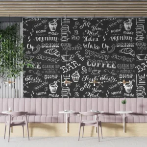 Chalkboard Style Café Wallpaper with coffee quotes and doodles on black background for restaurants and kitchens