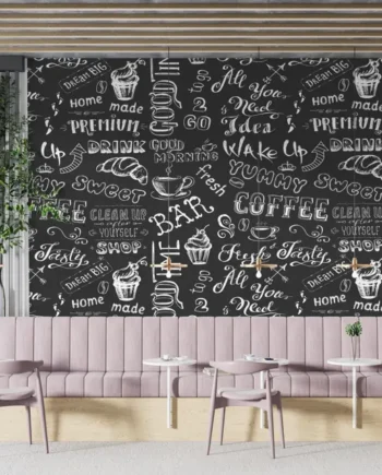 Chalkboard Style Café Wallpaper with coffee quotes and doodles on black background for restaurants and kitchens