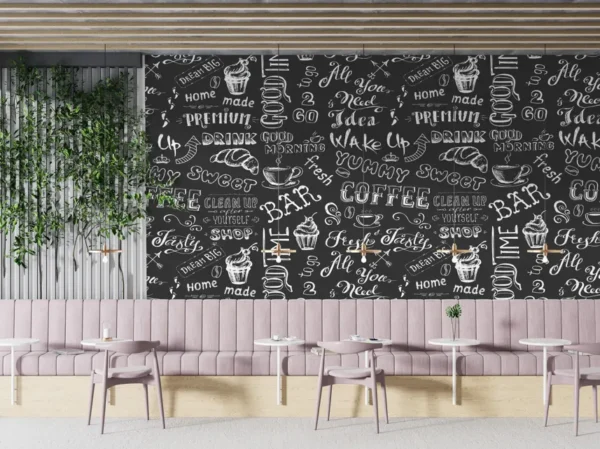 Chalkboard Style Café Wallpaper with coffee quotes and doodles on black background for restaurants and kitchens