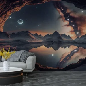 Cosmic Cave Galaxy Wallpaper with a surreal starry sky, moon, snowy mountains, and a mirrored lake reflection viewed from inside a dark cavern.