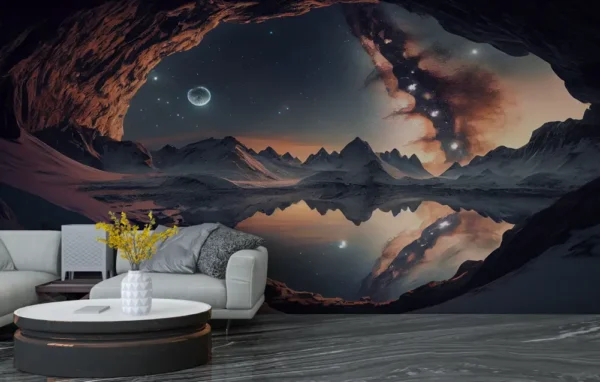 Cosmic Cave Galaxy Wallpaper with a surreal starry sky, moon, snowy mountains, and a mirrored lake reflection viewed from inside a dark cavern.