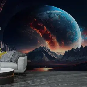 Cosmic Horizon Wallpaper with Giant Planet View featuring a colossal planet rising over alien mountains under a starry night sky in a living room setting