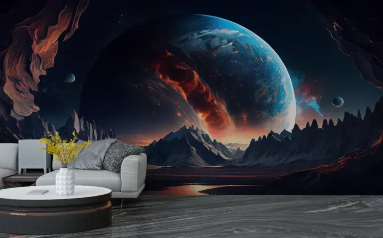 Cosmic Horizon Wallpaper with Giant Planet View - Custom 3D Wall Mural for Living Room & Bedroom (From ₹70/sq.ft) | Parker Window Blinds
