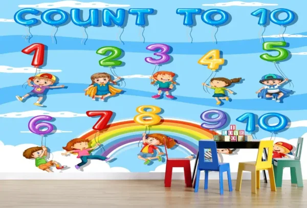 Colorful kids wallpaper with balloon numbers 1 to 10 and playful children floating in a sky-themed mural