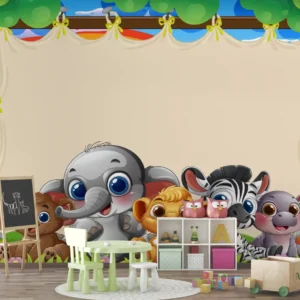 Cartoon baby jungle animals with rainbow wallpaper for Kids' Rooms & Nurseries