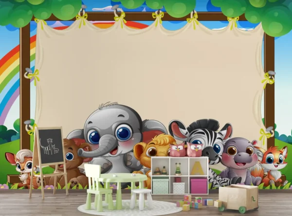 Cartoon baby jungle animals with rainbow wallpaper for Kids' Rooms & Nurseries