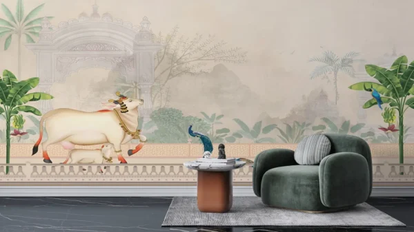 Kamadhenu cow and calf Pichwai wallpaper with banana trees, temple arch, peacock, and soft spiritual background