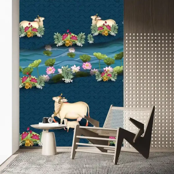 Divine Kamdhenu Cow & Lotus River Scenic Wallpaper with navy blue textured background – Indian spiritual wall art