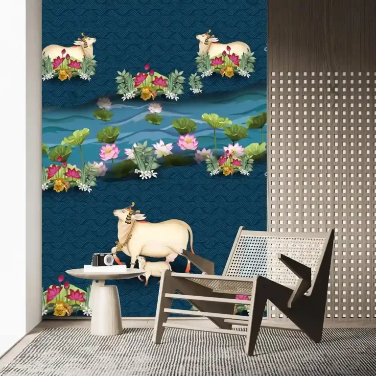Divine Kamdhenu Cow & Lotus River Scenic Wallpaper - Custom 3D Wall Mural for Living Room & Bedroom Decor | Parker Window Blinds