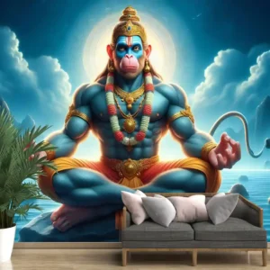 Divine Meditating Bhagwan Hanuman Wallpaper with glowing aura and divine mountain background for spiritual home decorDivine Meditating Bhagwan Hanuman Wallpaper with glowing aura and divine mountain background for spiritual home decor