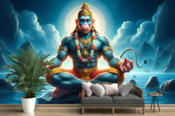 Divine Meditating Bhagwan Hanuman Wallpaper with glowing aura and divine mountain background for spiritual home decorDivine Meditating Bhagwan Hanuman Wallpaper with glowing aura and divine mountain background for spiritual home decor