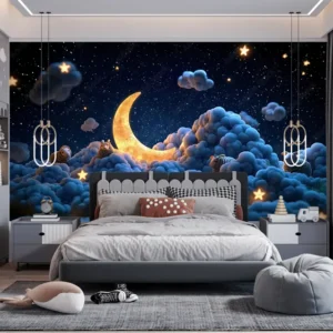 Dreamy night sky kids wallpaper with crescent moon, clouds, and stars