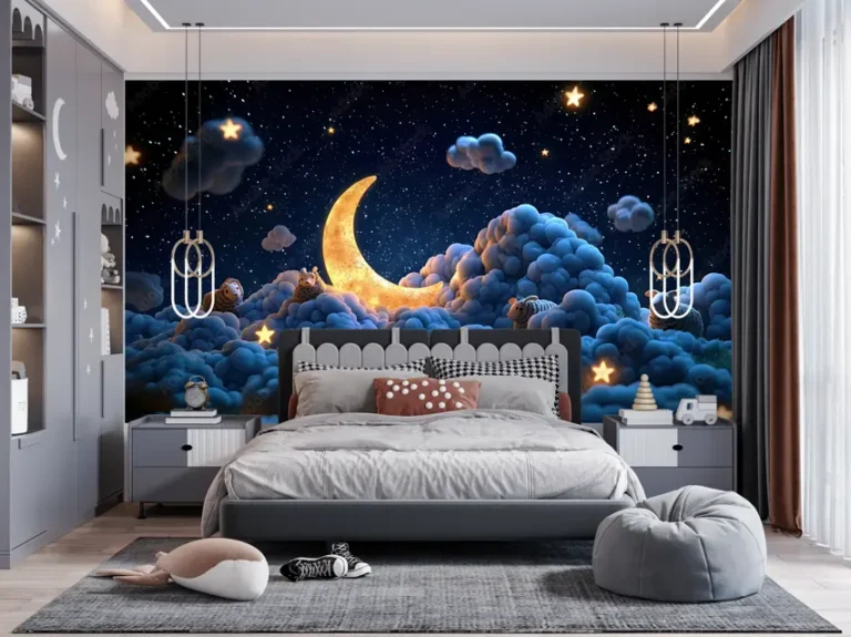 Dreamy Crescent Moon & Starry Night Cloud Wallpaper - Custom 3D Wall Mural for Living Room & Bedroom (From ₹70/sq.ft) | Parker Window Blinds