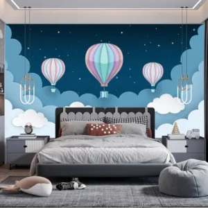 Hot air balloon night sky wallpaper for kids room with pastel clouds and stars