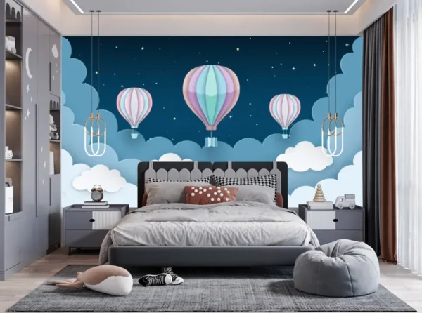 Hot air balloon night sky wallpaper for kids room with pastel clouds and stars