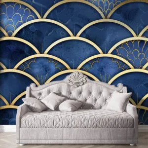 Navy blue and gold art deco scallop pattern wallpaper for elegant living room or bedroom walls