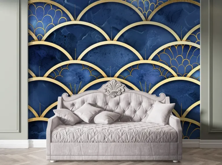 Elegant Navy Blue & Gold Art Deco Wallpaper with Scallop Pattern - Custom 3D Wall Mural for Living Room & Bedroom (From ₹70/sq.ft) | Parker Window Blinds