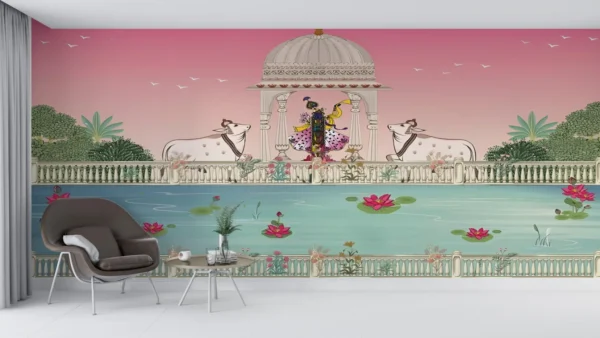 Shrinathji Pichwai Wallpaper featuring Krishna, cows, and lotus pond with pink temple dome background