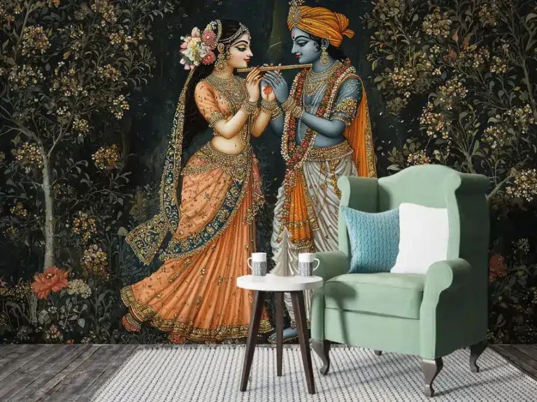 Ethereal Indian Art Deco Radha Krishna Divine Love Wallpaper - Custom 3D Wall Mural for Living Room & Bedroom Decor | Parker Window Blinds