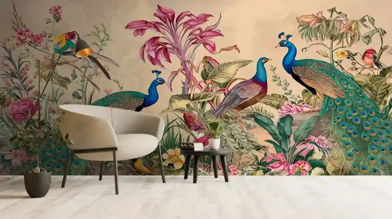 Exotic Birds & Botanical Peacock Garden Wallpaper - Custom 3D Wall Mural for Living Room & Bedroom (From ₹70/sq.ft) | Parker Window Blinds