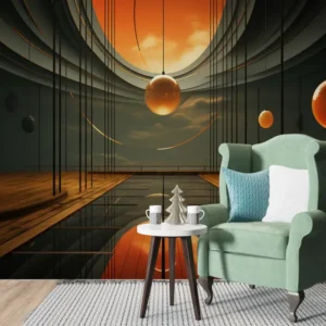 Futuristic Orb & Abstract Horizon 3D Wallpaper featuring suspended amber orbs, layered curves, and futuristic architectural depth for luxury interior design.