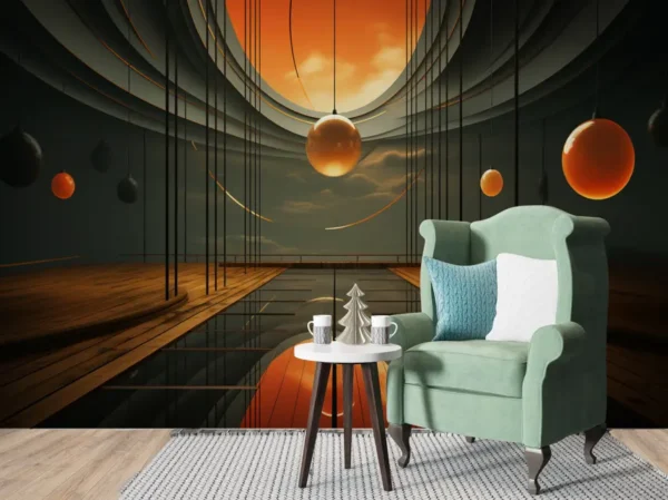 Futuristic Orb & Abstract Horizon 3D Wallpaper featuring suspended amber orbs, layered curves, and futuristic architectural depth for luxury interior design.
