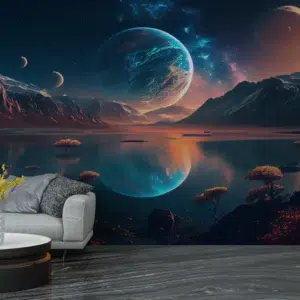 Galactic-themed wallpaper with planets, moons, stars, and reflective alien lake for modern living room decor