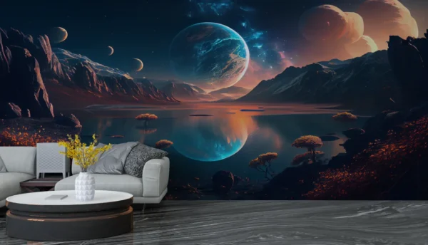 Galactic-themed wallpaper with planets, moons, stars, and reflective alien lake for modern living room decor