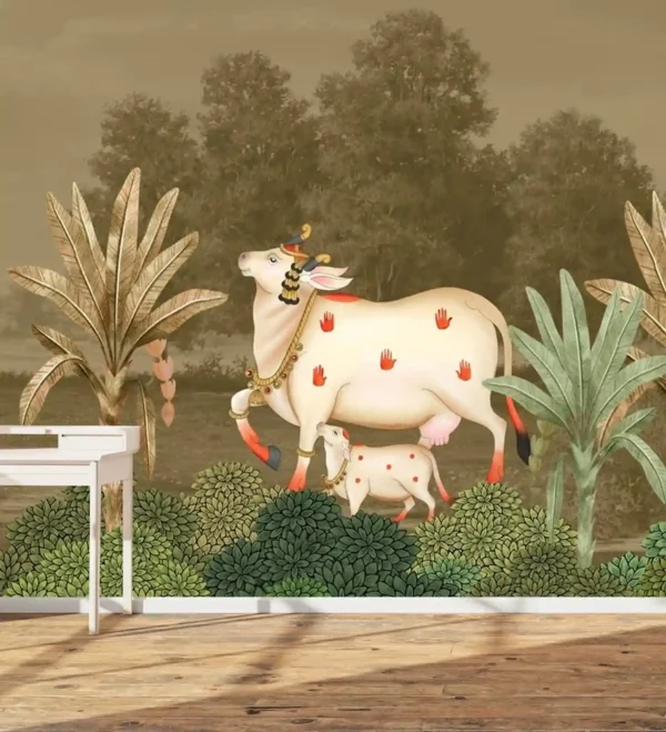 Gau Mata Pichwai Mural Wallpaper with Kamdhenu cow and calf against sepia forest background, sacred wall decor.