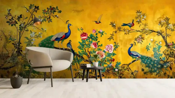 Golden Royal Garden Peacock Wallpaper mural with floral and bird elements on luxury interior wall