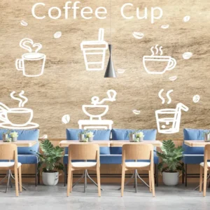 Rustic-style café wallpaper with white coffee cup sketches on a faux concrete and brick texture background