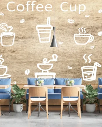 Rustic-style café wallpaper with white coffee cup sketches on a faux concrete and brick texture background