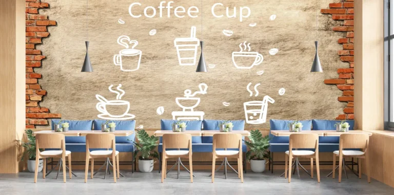Hand-Drawn Café Icons on Textured Brick & Wood Look Wallpaper - Custom 3D Wall Mural for Living Room & Bedroom (From ₹70/sq.ft) | Parker Window Blinds
