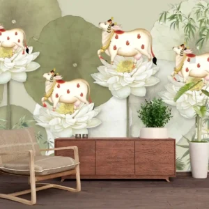 Pichwai-style wallpaper featuring Kamdhenu sacred cows seated on lotus flowers with leaf background in spiritual art design.