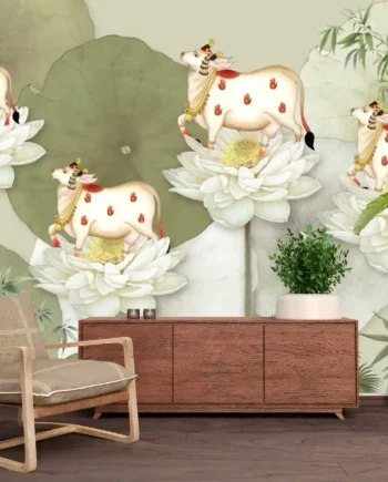 Pichwai-style wallpaper featuring Kamdhenu sacred cows seated on lotus flowers with leaf background in spiritual art design.