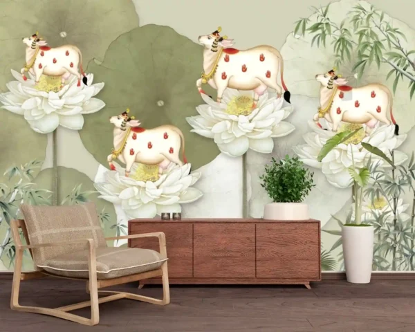 Pichwai-style wallpaper featuring Kamdhenu sacred cows seated on lotus flowers with leaf background in spiritual art design.