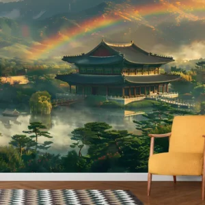 Japandi Serene Forest & Palms Mural Wallpaper of stylized forest palms in neutral tones