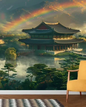 Japandi Serene Forest & Palms Mural Wallpaper of stylized forest palms in neutral tones