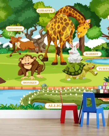 Jungle Animals Educational Wallpaper for Kids’ Room with labeled animals for kids’ rooms or classrooms