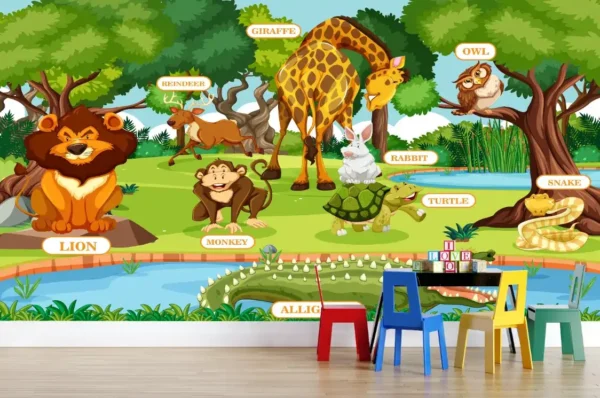 Jungle Animals Educational Wallpaper for Kids’ Room with labeled animals for kids’ rooms or classrooms