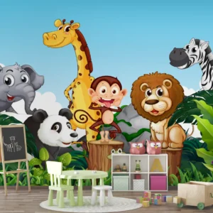 Jungle-themed kid's wallpaper with cartoon animals including a giraffe, monkey, lion, panda, zebra, and elephant in a vibrant green forest setting for playrooms or nurseries.